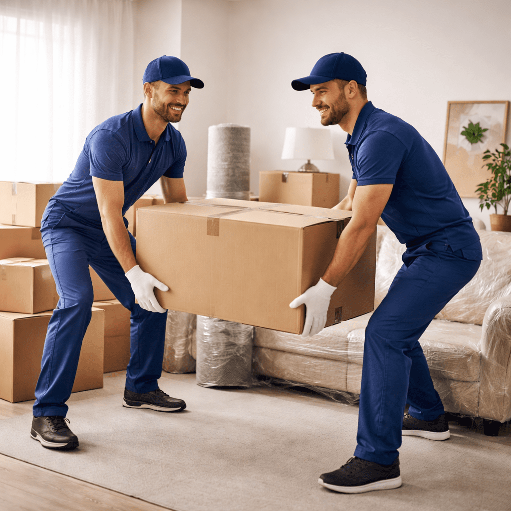 due uomini sollevano uno scatolone da trasloco in una abitazione