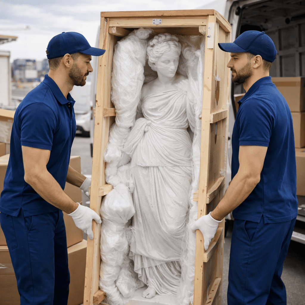 uomini che trasportano una statua